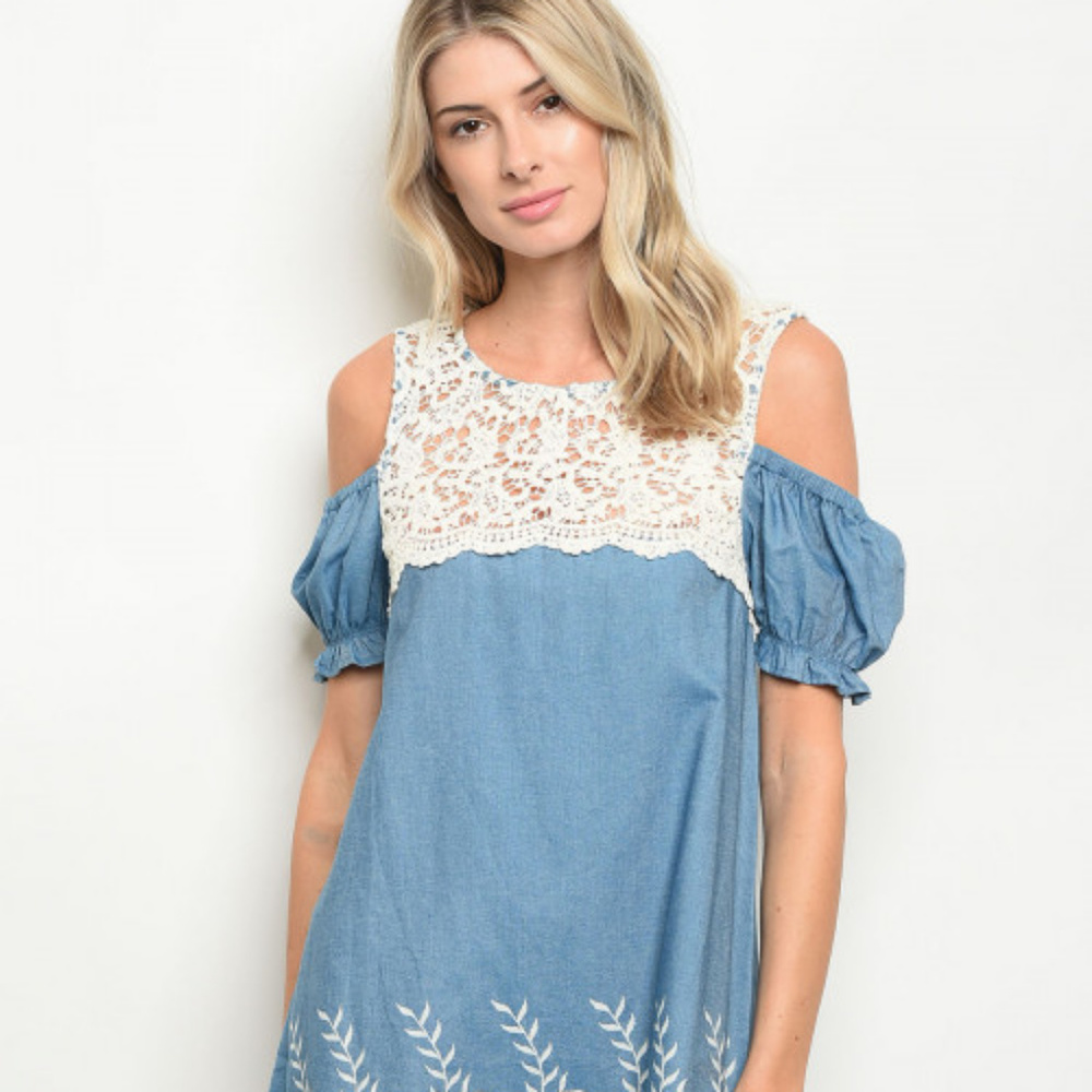 Short sleeve shoulder crochet denim chambray